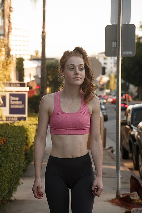 Teenage athlete Julie Wheeler working out in a sweet pink top and gym tights - Image 2 of 11  in Outdoor category   featuring Julie Wheeler 