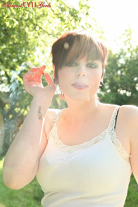 Short haired girl GF broad Morna flashes titties and cunt while smoking in backyard - Image 6 of 15  in Outdoor category   featuring Morna 