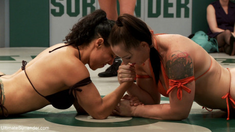 Curvaceous sporty lesbians strip and fuck during a wrestling match - #558171