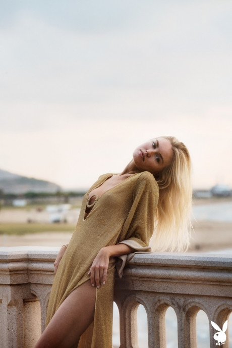 Blondy babe with perfect tits Alberte Valentine strips and poses outdoors - #1528010