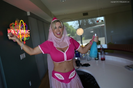 Lovely blonde housewife releases her hooters from Jeanie outfit - #1195667