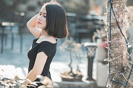 Glamorous asian babe posing in her elegant black dress in public - Image 4 of 20  in Vintage category  