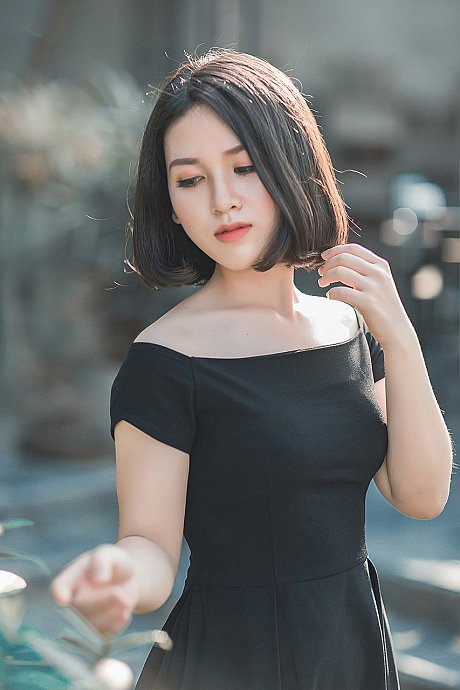 Glamorous asian babe posing in her elegant black dress in public - Image 6 of 20  in Vintage category  