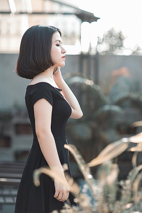 Glamorous asian babe posing in her elegant black dress in public - Image 8 of 20  in Vintage category  
