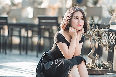 Glamorous asian babe posing in her elegant black dress in public - Image 9 of 20  in Vintage category  