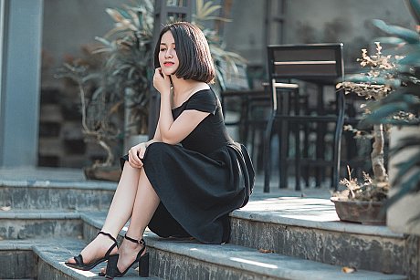 Glamorous asian babe posing in her elegant black dress in public - Image 14 of 20  in Vintage category  