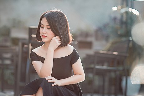Glamorous asian babe posing in her elegant black dress in public - Image 15 of 20  in Vintage category  