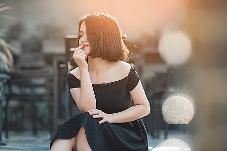 Glamorous asian babe posing in her elegant black dress in public - Image 16 of 20  in Vintage category  
