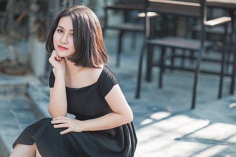 Glamorous asian babe posing in her elegant black dress in public - Image 17 of 20  in Vintage category  