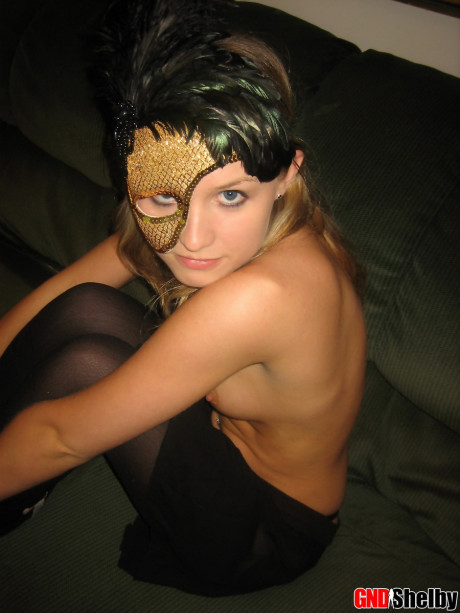 First timer wears a masquerade mask while getting nude in black nylons - #920156