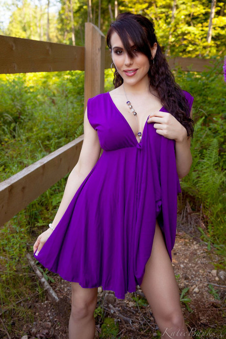 Amateur female Katie Banks slips off purple dress to bareback round boobies - #572655
