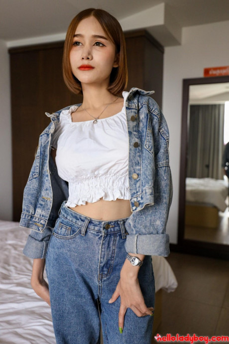 Stunning charming asian t-girl teases in black panties after giving a POV blowjob - #1080866