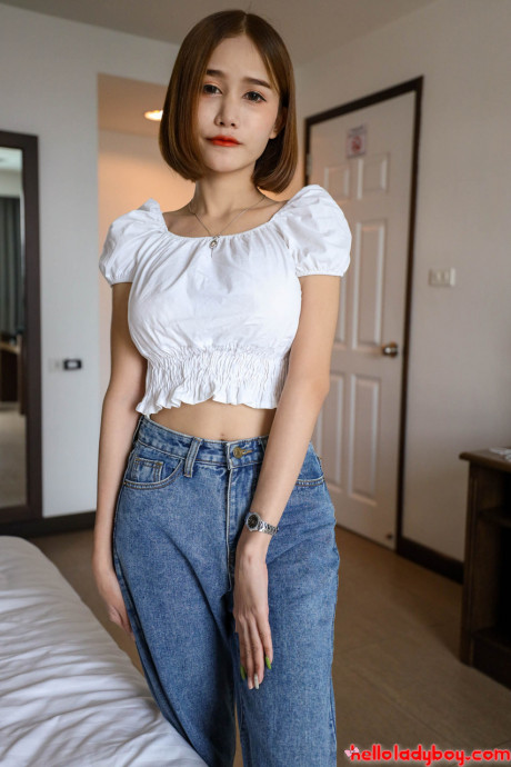 Stunning charming asian t-girl teases in black panties after giving a POV blowjob - #1080867