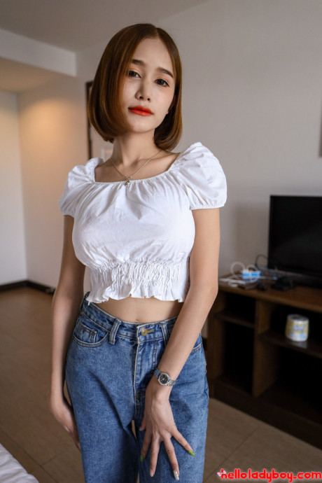 Stunning charming asian t-girl teases in black panties after giving a POV blowjob - #1080868