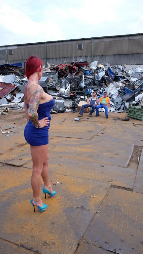 Ginger MILF with tattoos and fake boobies gets pounded in a junk yard 3some - #3358