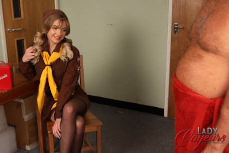 Fine teen blondie Gabie strips her chick girlfriend girl scout uniform for a thick cougar voyeur - #422206