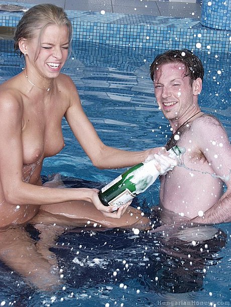 Charming yellow-haired teen Lilu plays nude in the pool before posing with two males - Image 19 of 21  in Pussy category   featuring Lilu 