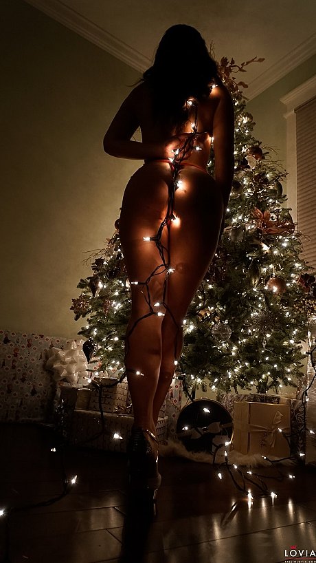 Short chinese babe Eva Lovia posing in her lingerie next to the Christmas tree - Image 2 of 15  in Outdoor category   featuring Eva Lovia 