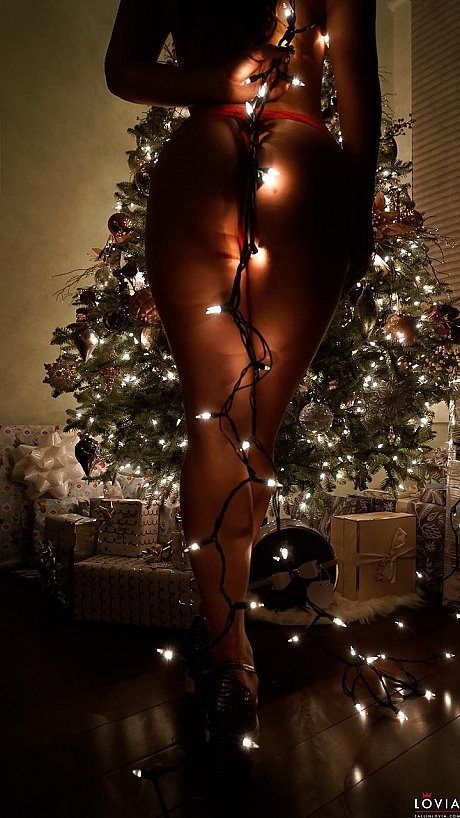 Short chinese babe Eva Lovia posing in her lingerie next to the Christmas tree - Image 14 of 15  in Outdoor category   featuring Eva Lovia 