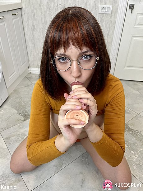 Solo skank GF broad Ksenia masturbates with a dildo while wearing glasses and knee socks - Image 5 of 15  in Dildo category   featuring Ksenia 