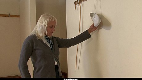 Yellow-haired student has her booty beat red with her own shoe by a teacher - Image 2 of 12  in Close Up category  