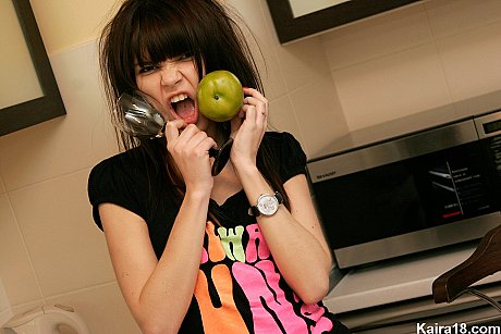 Solo skank girlfriend lady Kaira 18 bares her young tits before peeking thru kitchenette blinds - Image 1 of 15  in Babe category   featuring Kaira 18 