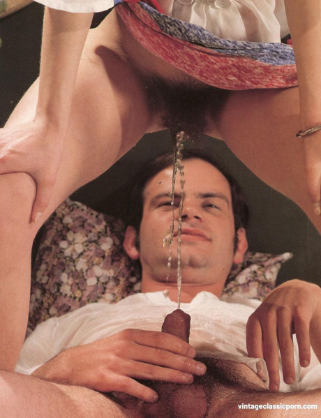 Lustful wives blowing and fucking in a slutty vintage pissing threesome - #1321856