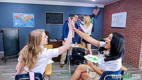 Kinky schoolgirls lick vagina & share a gigantic dick in a kinky debauchery in class - Image 6 of 21  in Cum In Mouth category   featuring Joshua Lewis, Octavia Red, Roxie Sinner 
