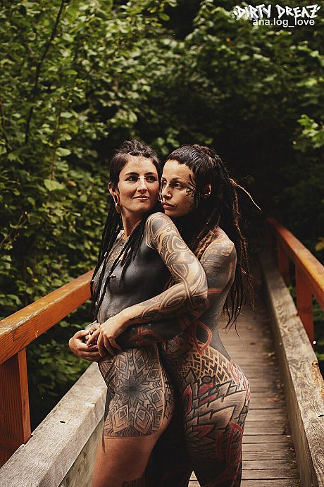 Heavily tattooed lesbians hold each other while totally nude on a bridge - Image 13 of 16  in Lesbian category   featuring Anuskatzz 