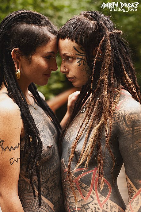 Heavily tattooed lesbians hold each other while totally nude on a bridge - Image 14 of 16  in Lesbian category   featuring Anuskatzz 