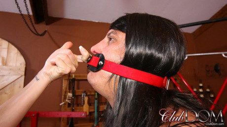 Black haired domme Jean Bardot tortures her masked boy boyfriend stud doll outdoors - #498131