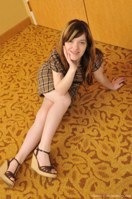 Horny pale cutie Nicole doffs her dress to spread her hairy vagina on the floor - #1129503