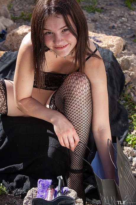 Brunette teen in hot undies Matty drops her jacket & rubs her pussy outdoors - Image 7 of 20  in Model category   featuring Matty 