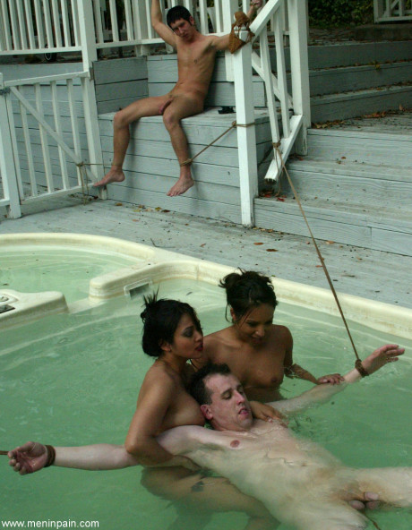Petite latina and a pretty chinese bitch girl lady fuck several restrained sex slaves - #1192793
