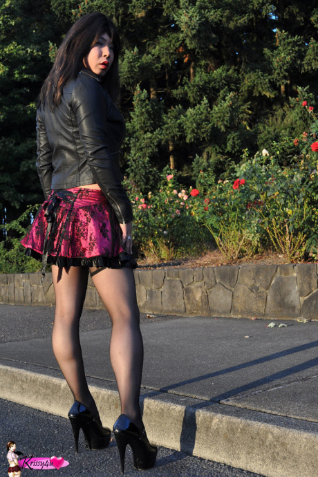 Asian lady boy poses in a skirt before revealing her dong & seducing an cougar man bf guy - #1262909