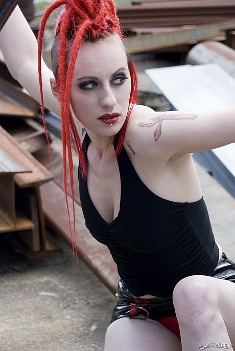 Punk lady girlfriend broad with red hair poses naked in platform boots at industrial site - Image 1 of 17  in Pussy category  