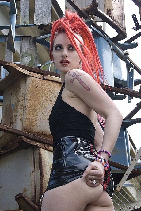 Punk lady girlfriend broad with red hair poses naked in platform boots at industrial site - Image 3 of 17  in Pussy category  
