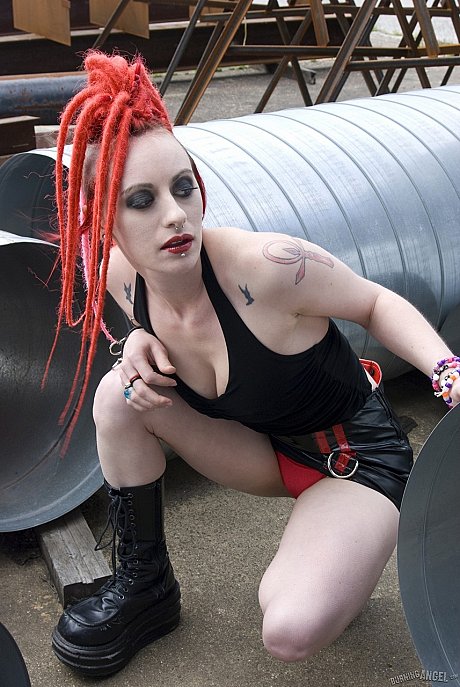 Punk lady girlfriend broad with red hair poses naked in platform boots at industrial site - Image 4 of 17  in Pussy category  