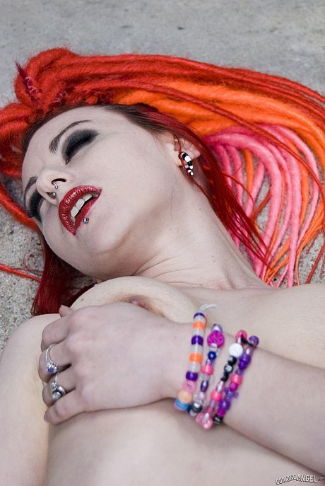 Punk lady girlfriend broad with red hair poses naked in platform boots at industrial site - Image 17 of 17  in Pussy category  