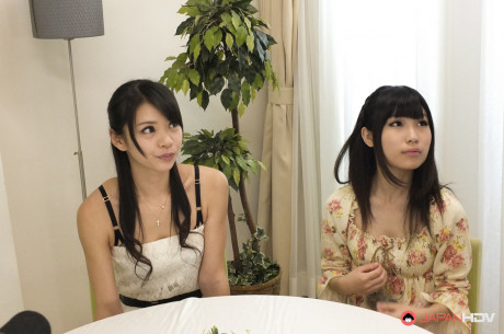 Japanese girls Runa Kobayashi & Akubi Yumemi are fingered over dinner - #1035419