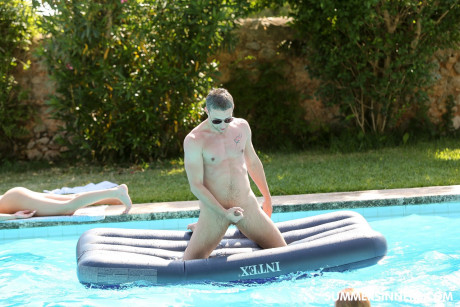 Naked teens Chrissy Fox & Blanche Bradburry getting banged in a poolside fling