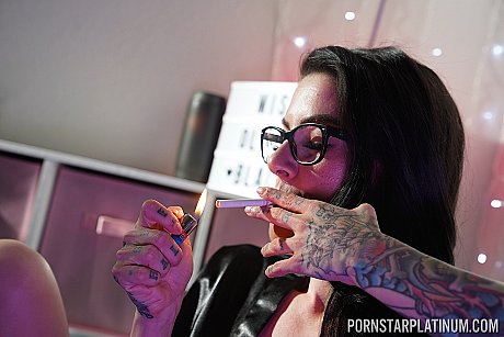 Inked pornstar Olivia ebony poses in gigantic heels and negligee while smoking - Image 5 of 20  in High Heels category   featuring Olivia Black 