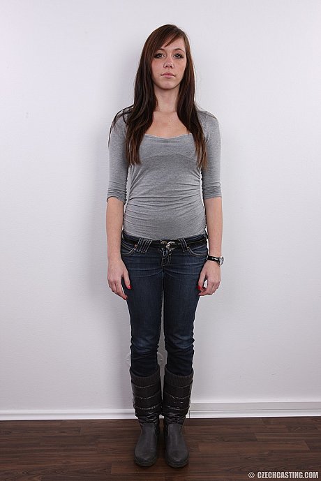 Amateur model with a flat chest discards her jeans to get undressed on a stool - Image 2 of 21  in Teen category   featuring Andrea 