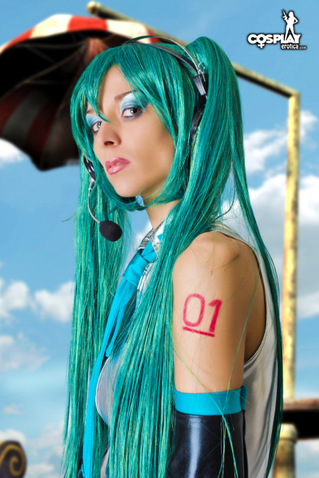 Hot lady girl girl works her boobs and vagina free of a Hatsune Miku cosplay outfit - #1217867