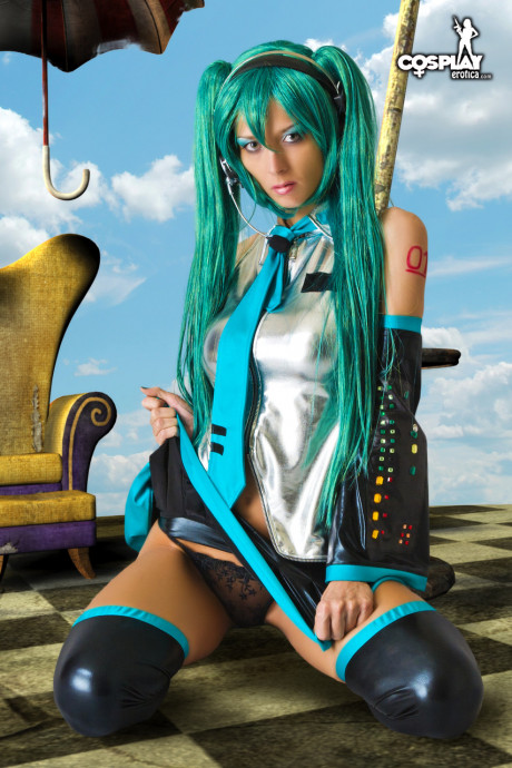 Hot lady girl girl works her boobs and vagina free of a Hatsune Miku cosplay outfit #66107