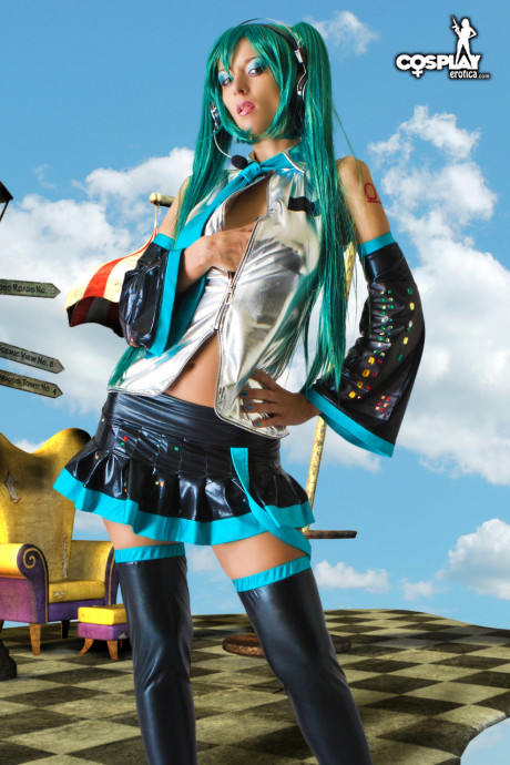 Hot lady girl girl works her boobs and vagina free of a Hatsune Miku cosplay outfit - #1217871