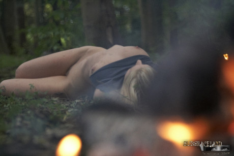 Busty hot yellow-haired Caroline tied to a tree in the woods for nude booty whipping - #217334