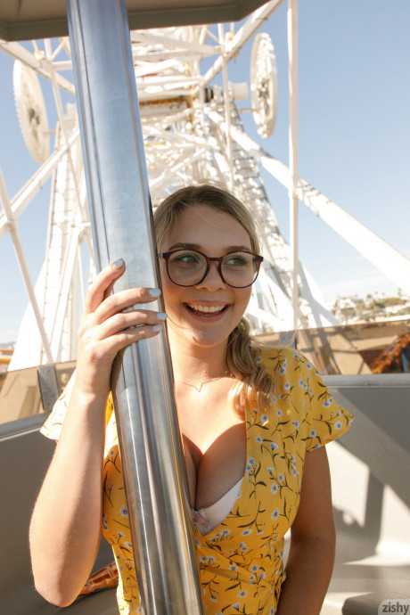 Nerdy amateur babe Gabbie Carter lets out her enormous breasts in at amusement park - #1123811