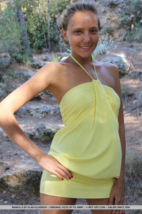 Charming young Mango A in mini dress spreading outdoors for closeup of bald cunt - #1257338