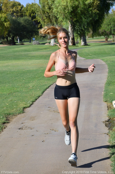 Slender blonde amateur Mazzy shows her small and butt titties and poses outdoors - #1071864
